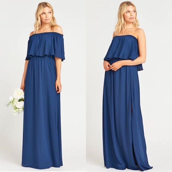 Show Me Your Mumu Hacienda Off The Shoulder Maxi Dress Rich Navy Crisp Size XXS - Picture 1 of 16